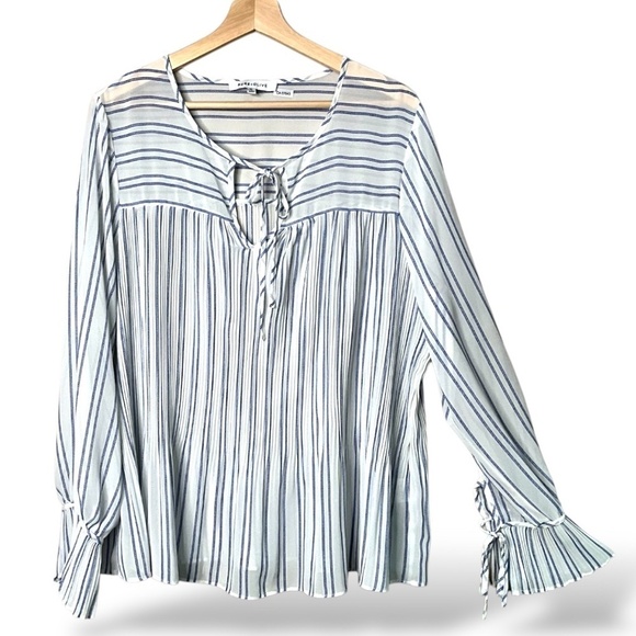 ROSE + OLIVE Poly Chiffon Semi Sheer Long Sleeve Micro Pleat Blouse Tie Front XL - Picture 3 of 9